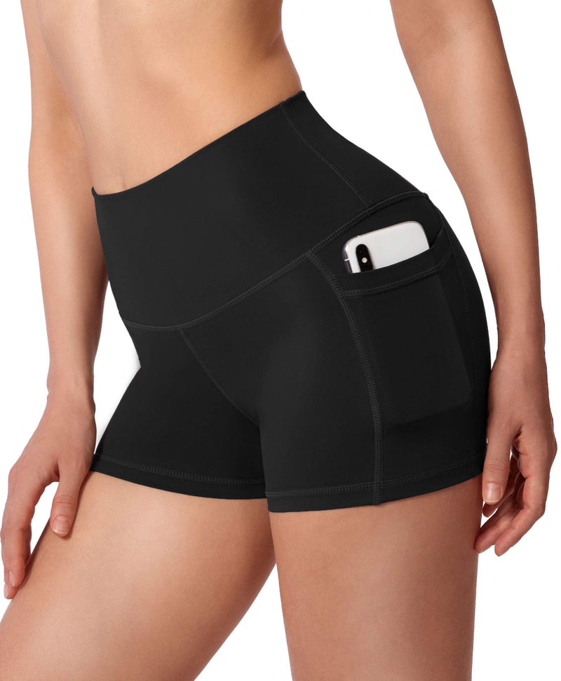 Soothfeel Women's High Waist Yoga Shorts with Side Pockets Tummy Control Running Gym Workout Biker Shorts for Women 8" /3"(3" Black, M) - Image 2